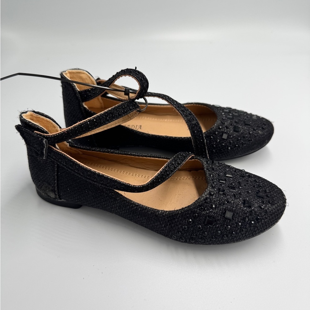 Belladia Toddler Girl Size 11 Chic Black Kids Gem Stone Dress Shoes with Straps - Picture 2 of 6